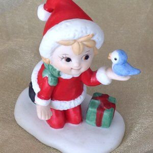 Adorable Lefton Christmas Elf Holding a Blue Bird